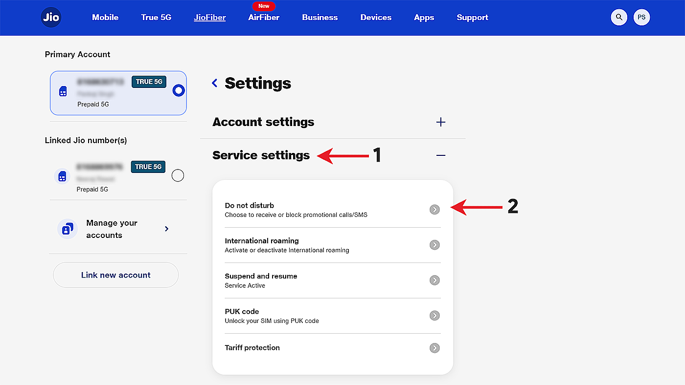 enable Jio DND services settings